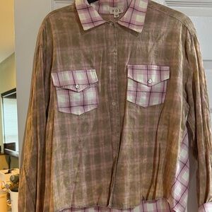 POL Pink and Brown Plaid Lightweight Shirt with Chest Pockets